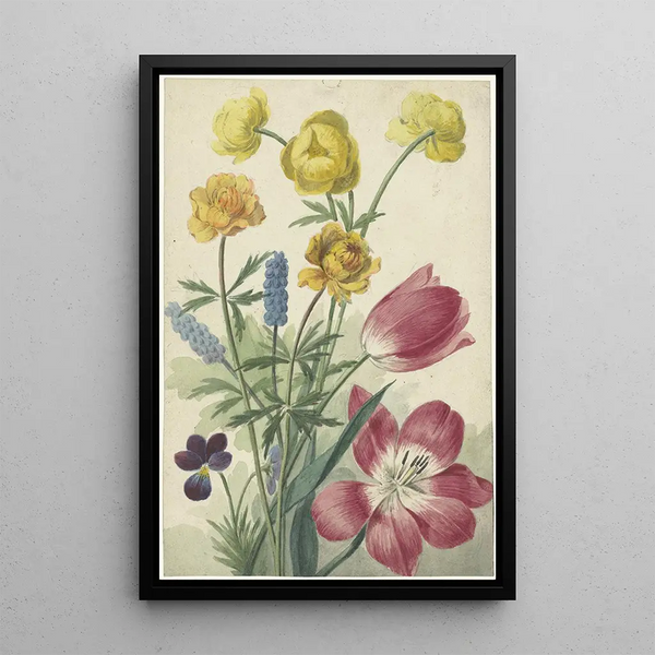 Willem van Leen - Boeket van tulpen viooltjes blauwe druifjes en dotters.webp