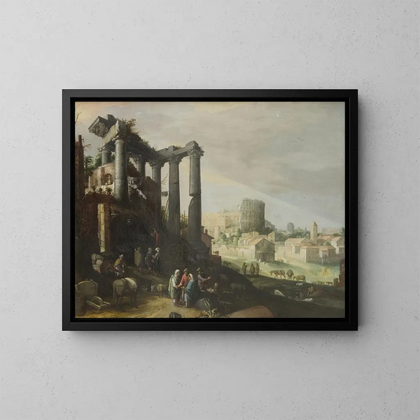Landscape with View of the Campo Vaccino in Rome - Willem van Nieulandt the Younger — framed artwork on a wall