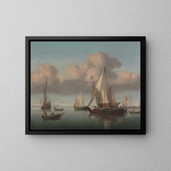 van een scheepsanker bij het ankeren met gehesen zeilen, een staatsjacht en andere schepen - Willem van de Velde de Jonge — ingelijst kunstwerk aan de muur