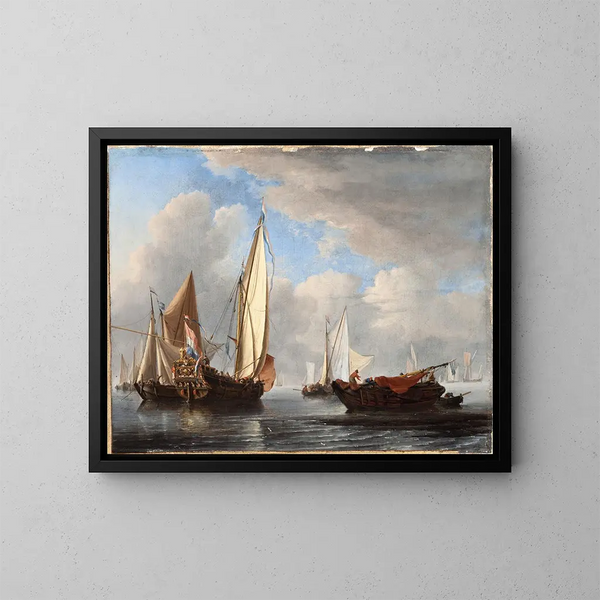 Een jacht en andere schepen in kalmte - Willem van de Velde de Jonge — ingelijst kunstwerk aan de muur