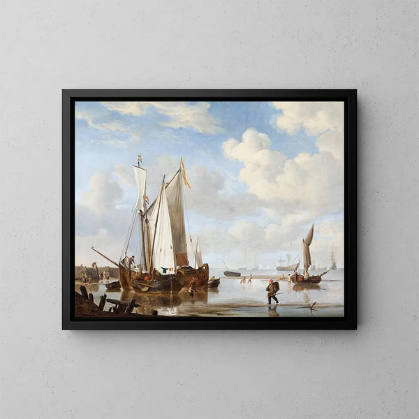 van een breedschip en een kaag in een kreek bij een zeemuur - Willem van de Velde de Jonge — ingelijst kunstwerk aan de muur