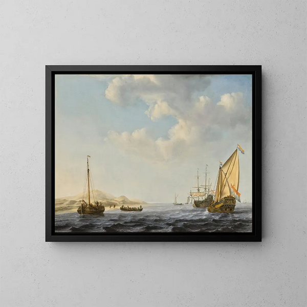 Een jacht van de Staten van Amsterdam voor anker nabij de kust met andere boten in ruwe water - Willem van de Velde de Jonge — ingelijst kunstwerk aan de muur