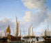 Een rustige zeilboot nabij de kust met vele andere schepen - Willem van de Velde de Jonge — weergave van het kunstwerk