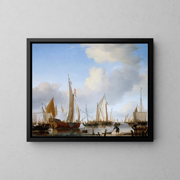 Een rustige zeilboot nabij de kust met vele andere schepen - Willem van de Velde de Jonge — ingelijst kunstwerk aan de muur