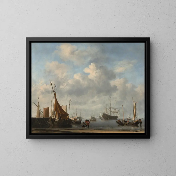 van een Nederlandse haveningang - Willem van de Velde de Jonge — ingelijst kunstwerk aan de muur