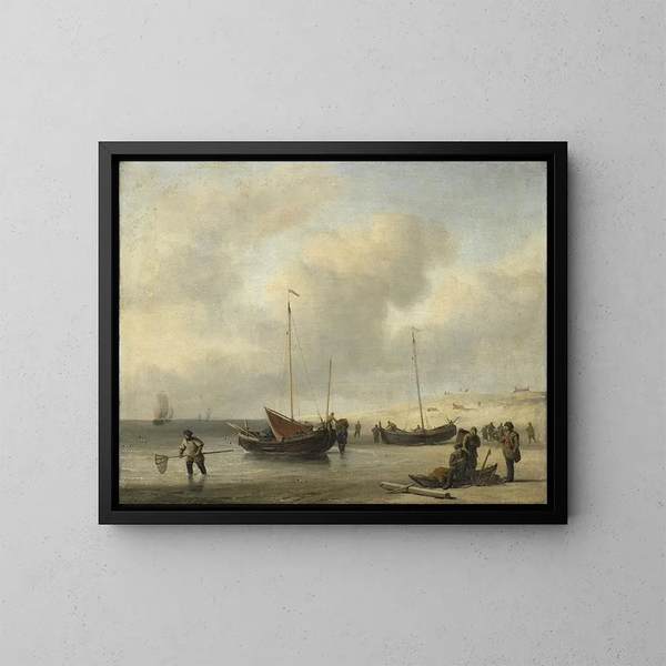 Boten op het strand - Willem van de Velde de Jonge — ingelijst kunstwerk aan de muur