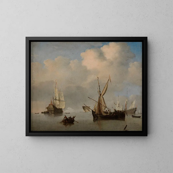 van een rustige zee met twee kleine Nederlandse schepen voor anker, boeg aan boeg - Willem van de Velde de Jonge — ingelijst kunstwerk aan de muur