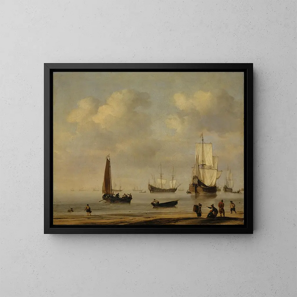 Drie-masten en vissersboten in een kalmte - Willem van de Velde de Jonge — ingelijst kunstwerk aan de muur