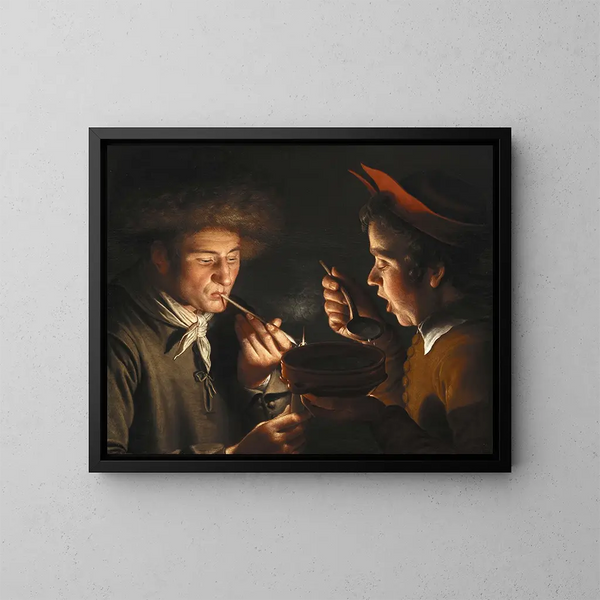 a man smoking and another man eating by candlelight - Willem van der Vliet — framed artwork on a wall