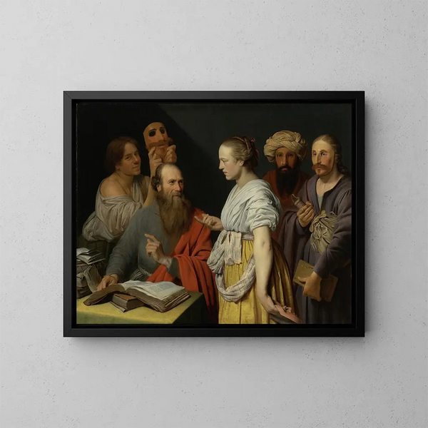 a scholar in his study with masked figures, perhaps an allegory - Willem van der Vliet — framed artwork on a wall