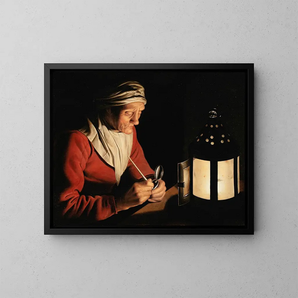 an old woman by candlelight - Willem van der Vliet — framed artwork on a wall