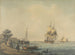 Een schip met twee dekken dat door de riviermonding vaart met personages op het strand op de voorgrond - William Anderson — weergave van het kunstwerk