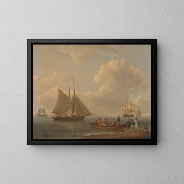 A boat carrying passengers to two anchored ocean liners - William Anderson — framed artwork on a wall