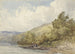 Landschapschilderij met een heuvelachtig landschap, een meer en een boot met twee figuren - William Callow — weergave van het kunstwerk