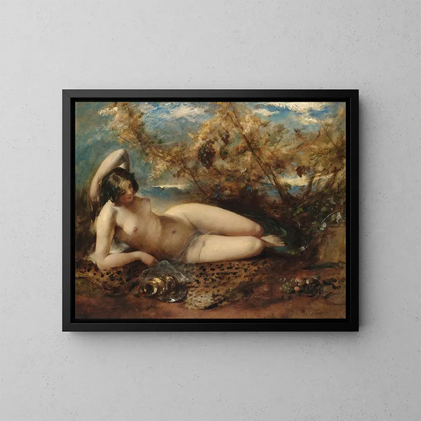 a young woman lying on a fur rug - William Etty — framed artwork on a wall