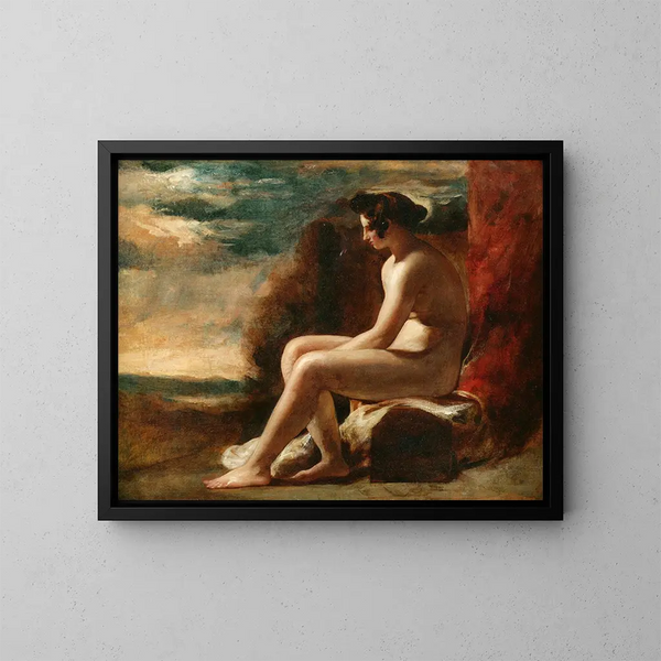 Nude sitting in a landscape - William Etty — framed artwork on a wall
