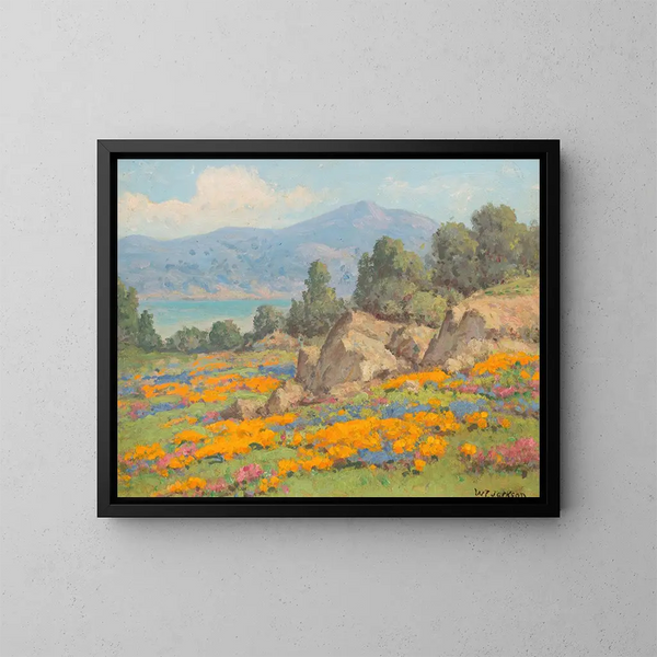 Coastal view with poppies and lupins - William Franklin Jackson — framed artwork on a wall