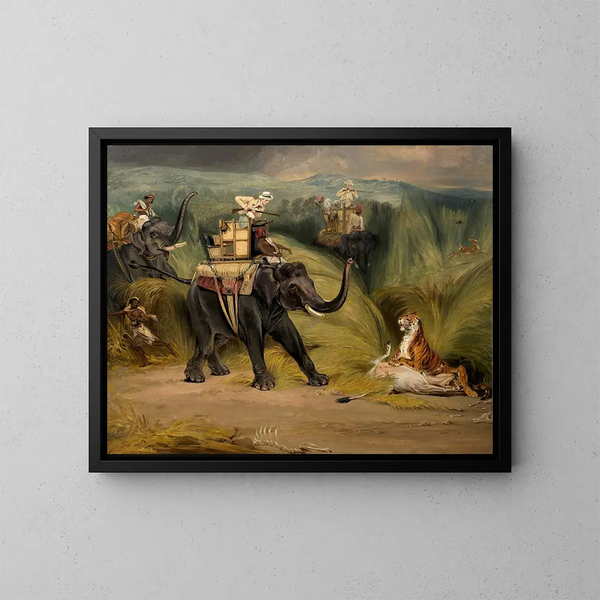 Encounter with a tiger by chance during an elephant hunt in India - William Henry Florio Hutchinsson — framed artwork on a wall