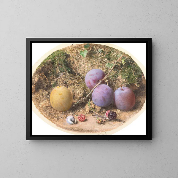 Prunes and Blackberries - William Henry Hunt — framed artwork on a wall