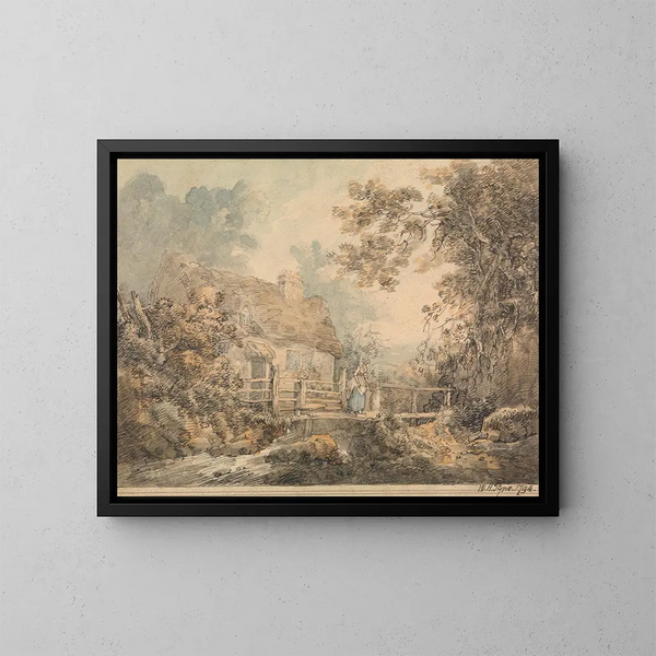 Cottage en steiger - William Henry Pyne — ingelijst kunstwerk aan de muur