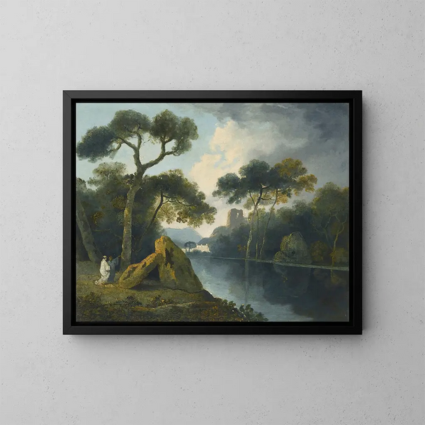 A river landscape with monks conversing near megaliths with ruins in the distance - William Hodges — framed artwork on a wall