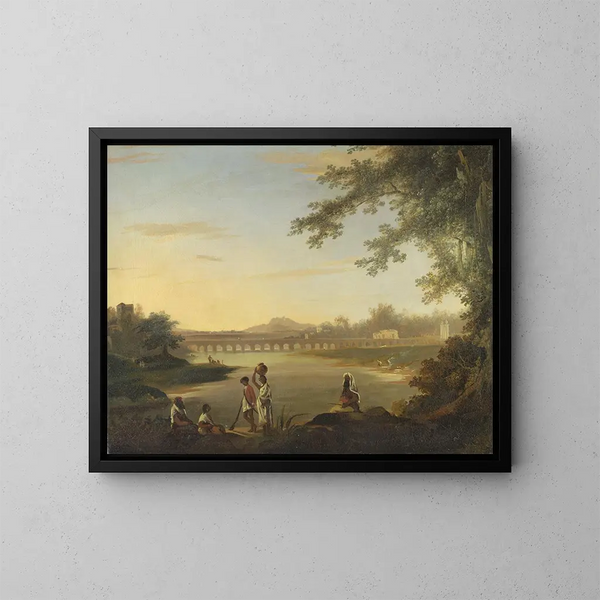 The Marmalong Bridge with a sepoy and natives in the foreground - William Hodges — framed artwork on a wall