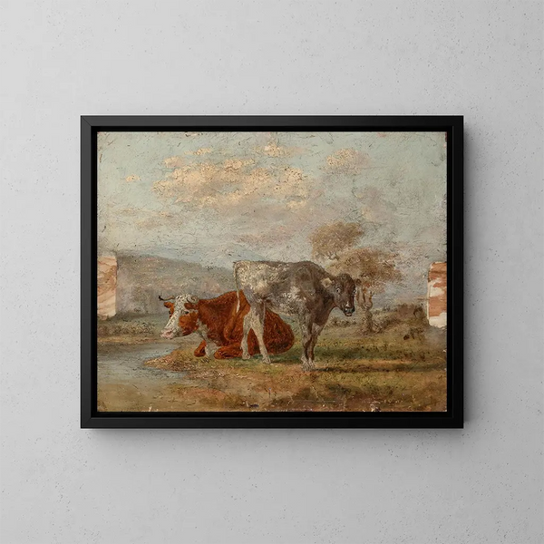 Sketch of two cows in a landscape - William Huggins — framed artwork on a wall