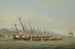 De schepen van de sloep HMS Procris met 10 kanonnen die Franse kanonneerboten beschieten voor de monding van de Indramayo Java - William John Huggins — weergave van het kunstwerk