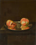Een stilleven met perziken en een pruim op een tinnen bord op een rand - William Jones de Bath — weergave van het kunstwerk