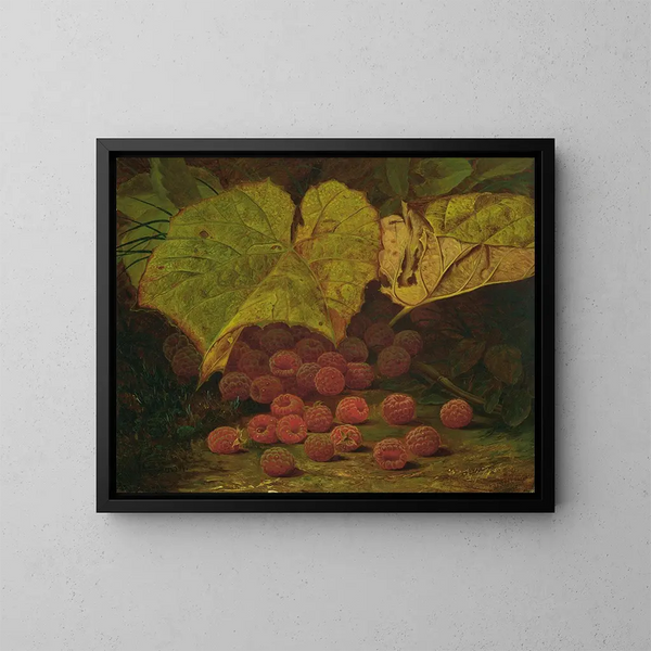 Framboises parmi les feuilles - William Mason Brown — framed artwork on a wall