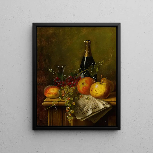 William Michael Harnett - Still Life with Fruit Champagne Bottle and Newspaper.webp