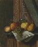 van een stilleven met fruit en een karaf in krantenpapier uit München - William Michael Harnett — weergave van het kunstwerk