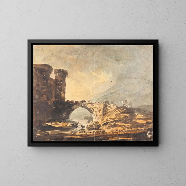 Landscape painting with a castle and a bridge - William Payne — framed artwork on a wall