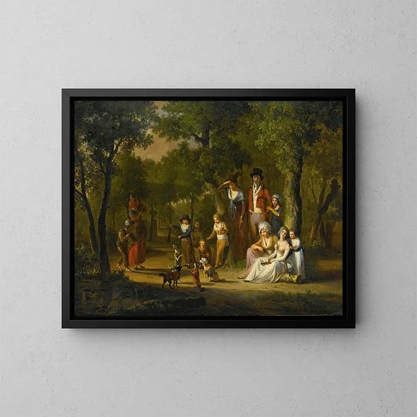 Portrait painting of a family in a wooded landscape with gypsies and dancing dogs - William Redmore Bigg — framed artwork on a wall