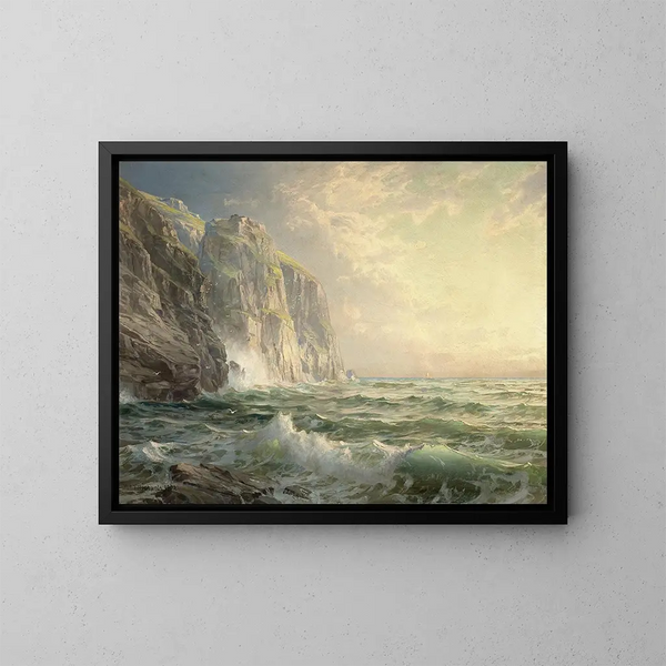 Cliffs with Stormy Sea in Cornwall - William Trost Richards — framed artwork on a wall