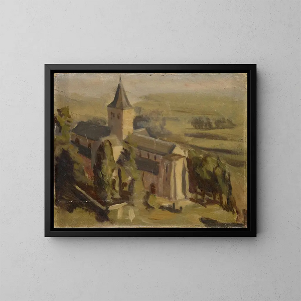 Landscape painting with medieval church - William de Goumois — framed artwork on a wall