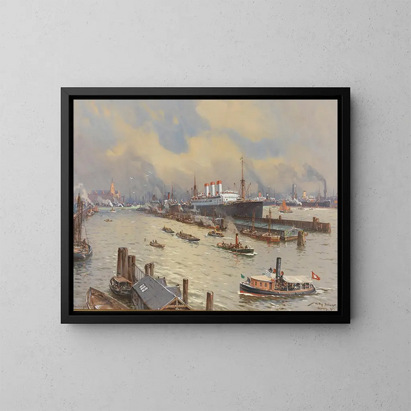 van de haven van Hamburg met de Cap Polonio en de Kehrwiederspitze - Willy Stwer — ingelijst kunstwerk aan de muur