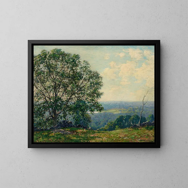 bomen op een heuvel die uitkijkt over een vallei - Wilson Henry Irvine — ingelijst kunstwerk aan de muur