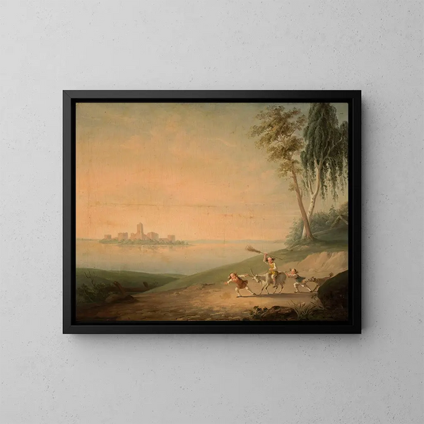 Genre scene at Lake Galvė - Wincenty Smokowski — framed artwork on a wall