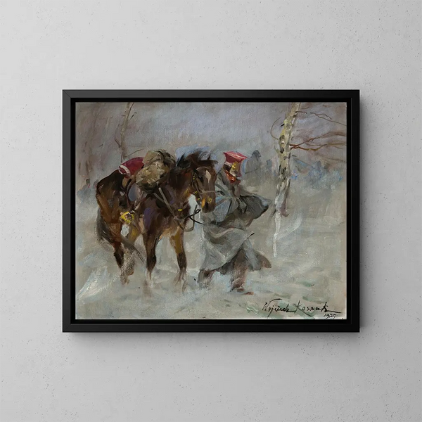 Uhlan leading a horse - Wojciech Kossak — framed artwork on a wall