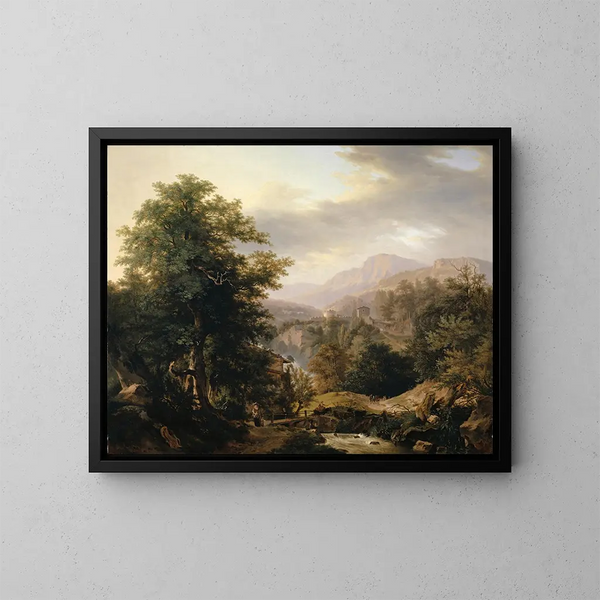 Mountain landscape painting with figures of characters and stream - Wolfgang Adam Töpffer — framed artwork on a wall