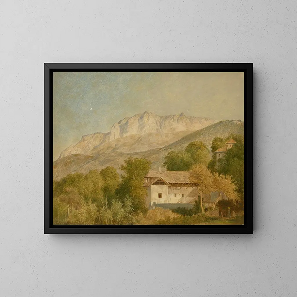 View of a farm and the Mémises massif taken from Saint-Paul-en-Chablais or Maxilly - Wolfgang Adam Töpffer — framed artwork on a wall