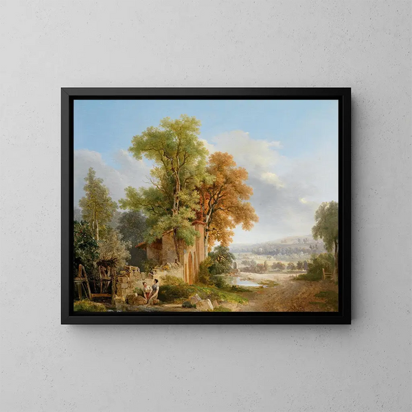 Washers in front of a vast landscape - Wolfgang Adam Töpffer — framed artwork on a wall