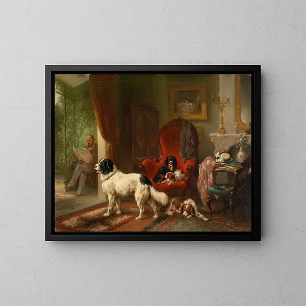 Interior painting with dogs - Wouterus Verschuur — framed artwork on a wall
