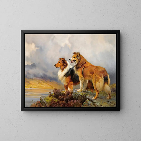 Deux colleys au-dessus d'un lac - Wright Barker — framed artwork on a wall