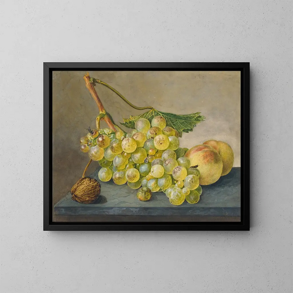A bunch of grapes, a walnut, and two peaches - Wybrand Hendriks — framed artwork on a wall