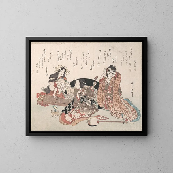 Women Playing Music - Yanagawa Shigenobu — framed artwork on a wall