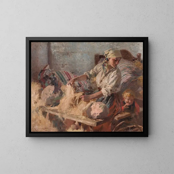 Peignage du lin - Zdzisław Jasiński — framed artwork on a wall