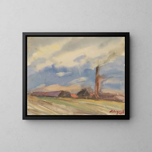 Uitzicht op het bruin dorp vanaf de velden - Zolo Palugyay — ingelijst kunstwerk aan de muur