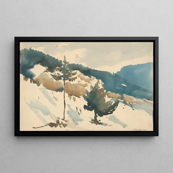 Snowy Plain Painting in the Mountains - Zolo Palugyay — framed artwork on a wall